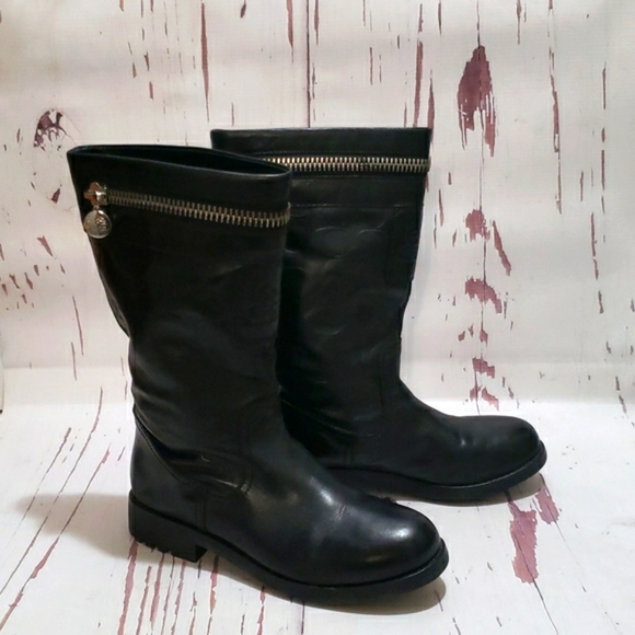 Coach Vinni Black Leather Midcalf Signature Logo Boots Women's Size 5.5 - Picture 1 of 9